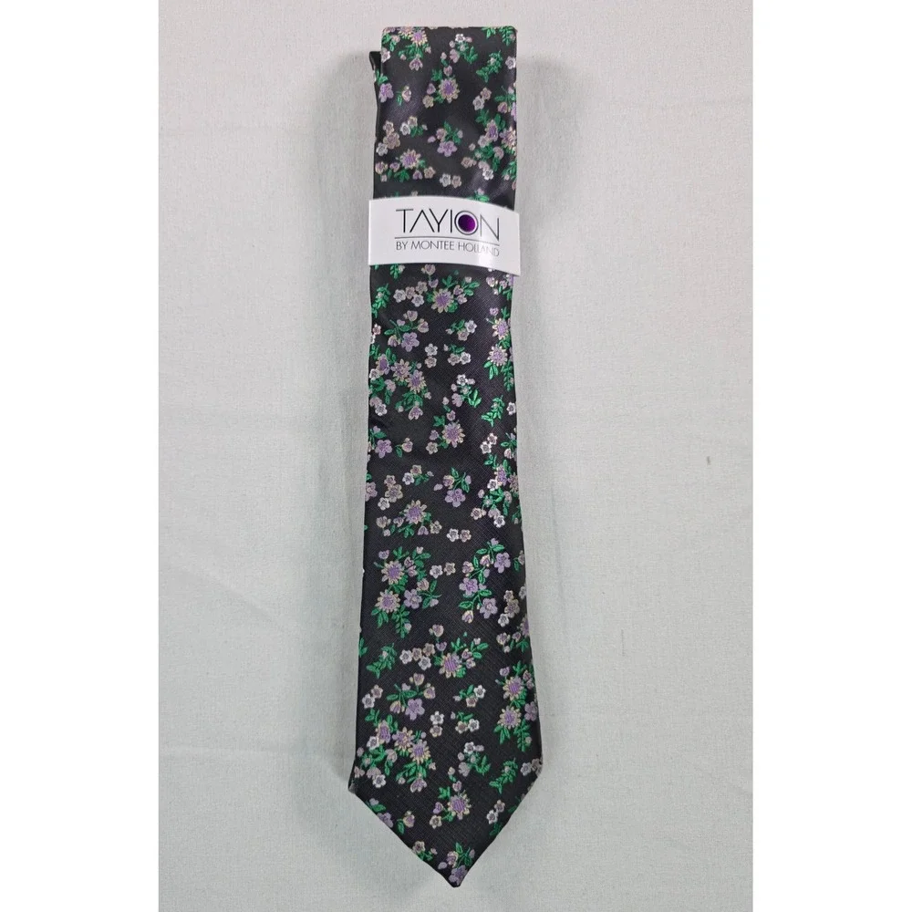 Tayion Mens Tie One Size Black Floral Omega Classic Fit Necktie Luxury NWT